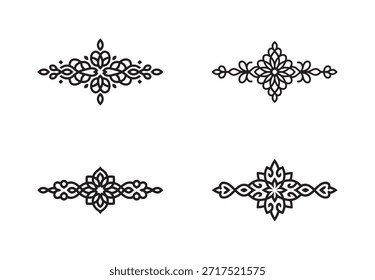 Uma coleção de quatro elegantes divisores de texto ornamental com intrincados padrões vintage e design simétrico