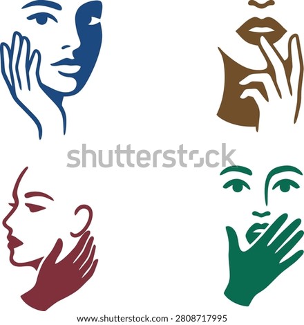 Collection of four elegant vector designs featuring abstract female faces, lips, eyes, and graceful hand gestures. Ideal for beauty salons, skincare brands, makeup artists, spas, cosmetics, fashion boutiques, and feminine branding.