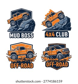 A collection of four emblem-style logos featuring orange 4x4 trucks driving over rocks and through mud, designed for off-road clubs and automotive adventure themes.