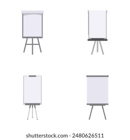 Collection of four empty flip chart easels isolated on a white background, ready for presentations