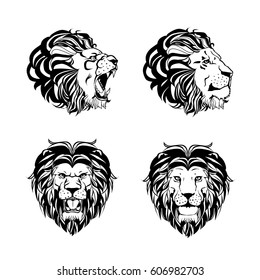 Collection of four engravings with lion head in different angles in hand drawn ink style isolated on white background vector illustration