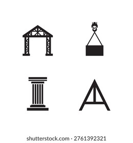A collection of four essential black silhouette icons depicting architectural elements industrial lifting and structural supports perfect for design projects.