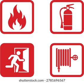 A collection of four essential fire safety and emergency symbols featuring a flame, a fire extinguisher, an emergency exit sign, and a fire hose reel.