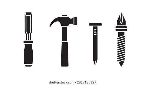 A collection of four essential hand tools: screwdriver, hammer, pencil, and nail, used for construction, repair, and DIY projects.