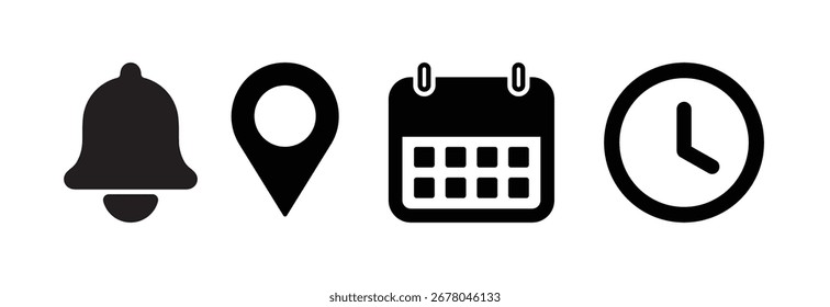 Una colección de cuatro íconos esenciales que representan la notificación, la ubicación, la programación y la gestión del tiempo, presentados en un estilo de silueta limpia y negra sobre un fondo blanco.