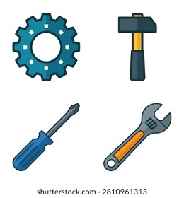 Collection of four essential mechanical tools featuring a blue gear hammer screwdriver and wrench isolated on white background