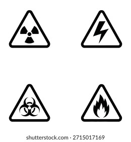 Eine Sammlung von vier wesentlichen Sicherheitswarnzeichen, die als schwarze Symbole in weißen Dreiecken dargestellt werden und Gefahren, Risiken und Vorsicht für verschiedene Gefahrstoffe oder Situationen darstellen.