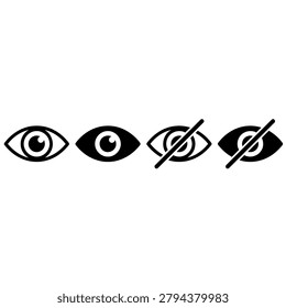 A collection of four eye icons representing visibility and hidden status, featuring both outlined and solid styles with a strikethrough for the hidden state.
