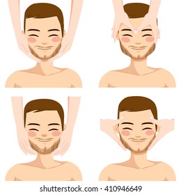 Collection of four facial massage techniques on attractive young man isolated on white background