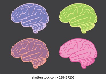 Collection of four fancy mulit-color human brain in profile view isolated on black background