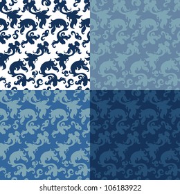 Collection of four  fantasy stylized vector fishes seamless backgrounds.