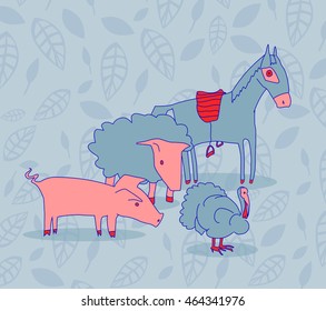 A collection of four farm animals executed with interesting colors. 