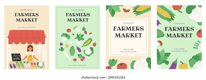 Collection of four farmers market posters with girl sell behined counter and fresh vegetables. Flat vector illustration