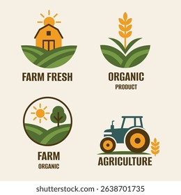 Collection of four farm-themed vector logos with barn, tractor, wheat, field, tree, and sun. Flat vector design elements with text labels. Organic food and agriculture business identity concept