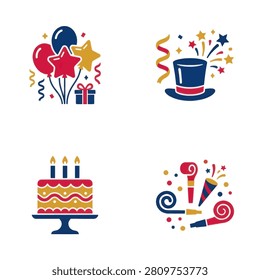 A collection of four festive celebration icons featuring balloons with a gift box a magic top hat a birthday cake with candles and party blowers