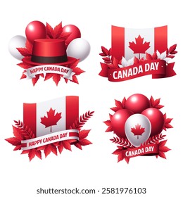 A collection of four festive designs celebrating Canada Day. Each design features red and white colors, Canadian flags, balloons, and maple leaves.