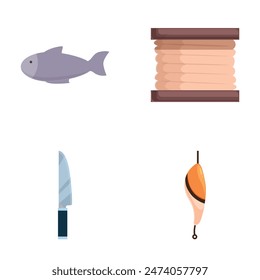 Collection of four fishing related icons, fish, tackle, knife, and bobber