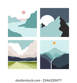 Una colección de cuatro ilustraciones planas y minimalistas en 2D con un litoral marino, un pico de cordillera, un campo verde y una cumbre montañosa bañada por los tonos suaves del atardecer temprano.