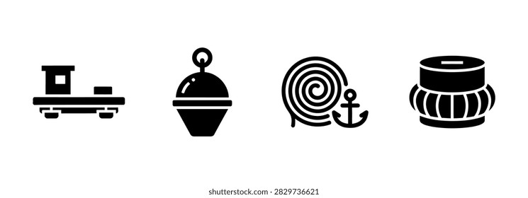 A collection of four flat black vector icons representing maritime tools including a cargo platform, a navigation buoy, a rope coil with an anchor, and a fender, designed for marine and nautical navigation themes.