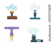 Collection of four flat design icons depicting various types of irrigation sprinklers