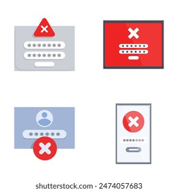 Collection of four flat design icons symbolizing incorrect password inputs