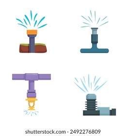 Collection of four flat design icons depicting various types of irrigation sprinklers