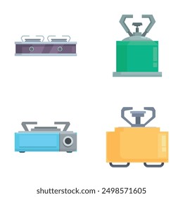 Collection of four flat design icons representing different models of portable camping stoves