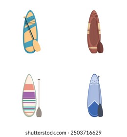 Collection of four flat design icons representing different boats and paddles for water sports