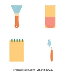Coleção de quatro ícones de design plano representando um pincel, borracha, bloco de notas e toalha