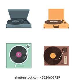 Collection of four flat design icons featuring different styles of classic turntables