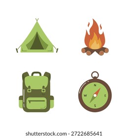 Uma coleção de quatro ícones de design plano representando o essencial do acampamento: uma barraca, uma fogueira, uma mochila e uma bússola.