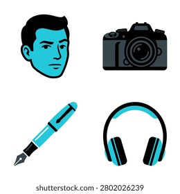 A collection of four flat design icons representing creativity and media including a blue male face a digital camera a fountain pen and modern headphones