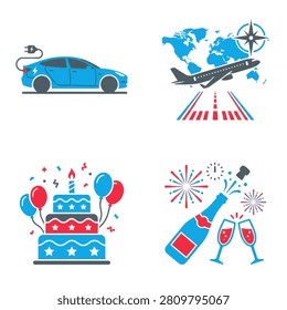 A collection of four flat design icons featuring an electric vehicle charging an airplane taking off over a world map a birthday cake and a popping champagne bottle
