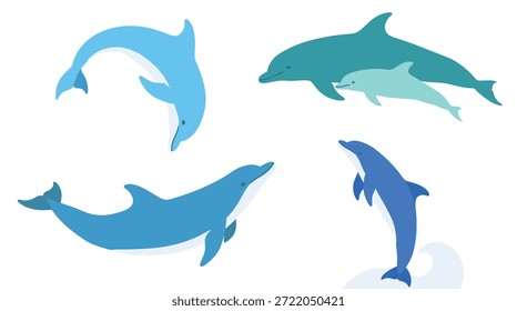 Una colección de cuatro ilustraciones de diseño plano de delfines en varias poses, incluida una madre y una cría nadando juntas.