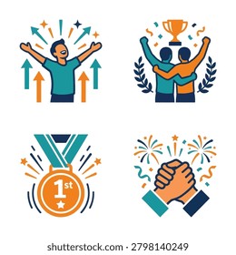 A collection of four flat design illustrations representing victory accomplishment teamwork and celebration with people holding trophies wearing medals and shaking hands
