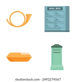 Collection of four flat design postal icons including a horn, mailbox, package, and pedestal mail box