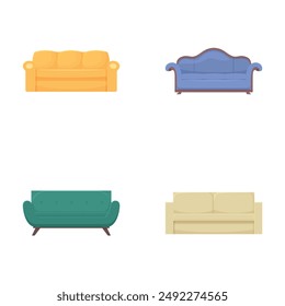 Collection of four flat design sofa icons in various styles and colors on a white background