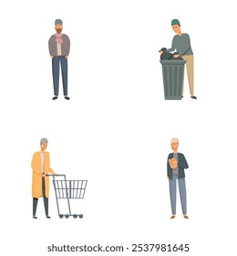 Collection of four flat design vector illustrations featuring different men engaging in daily routines