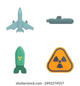 Collection of four flat icons representing military aircraft, submarine, missile, and radiation hazard
