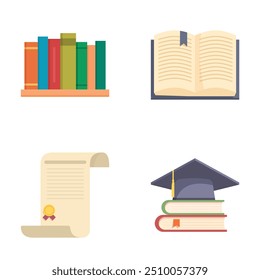 Collection of four flat icons symbolizing education, books, and academic achievement