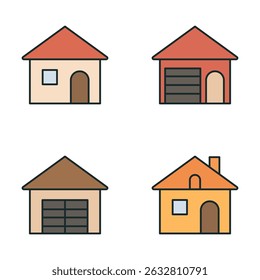 Coleção de quatro ícones de casa de estilo plano com diferentes cores do telhado e vistas frontais