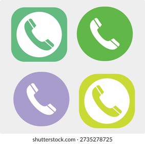 A collection of four flat telephone handset icons featuring rounded square and circular backgrounds in green, purple, and lime. Professional call buttons and contact icons for mobile apps and websites. contact us icons and telecommunication symbols