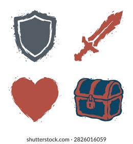 A collection of four flat vector game icons including a shield, sword, heart, and treasure chest.