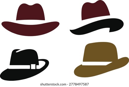 Collection of four flat vector hat icons featuring fedora and cowboy hat silhouettes in maroon, black, and brown with hatband details. Represents fashion accessories, western style, vintage fashion, men's style, clothing, costume, and classic headwear. Clean minimalist silhouettes perfect for fashion brands, clothing stores, western apparel, barbershop logos, men’s grooming, vintage shops, hat makers, and costume design. Isolated on white background.