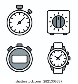 A collection of four flat vector icon designs representing various timekeeping tools, including a stopwatch, a kitchen timer, a digital timer, and a wristwatch.