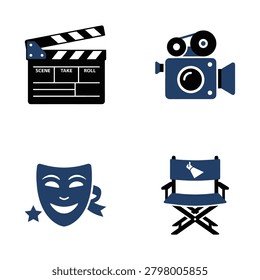 A collection of four flat vector icons representing cinema and filmmaking featuring a film slate vintage camera comedy mask and folding chair