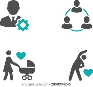A collection of four flat vector icons representing professional management, team collaboration, motherhood, and physical fitness activities.
