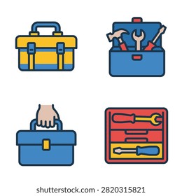 A collection of four flat vector icons featuring toolboxes, hand tools, and a hand carrying a toolbox, suitable for repair and construction themes.