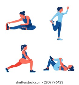 A collection of four flat vector illustrations showing a female athlete doing various warm up and cool down stretches including lunges and hamstring stretches