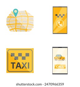 Collection of four flatdesign icons representing taxi services, including map location and call a taxi